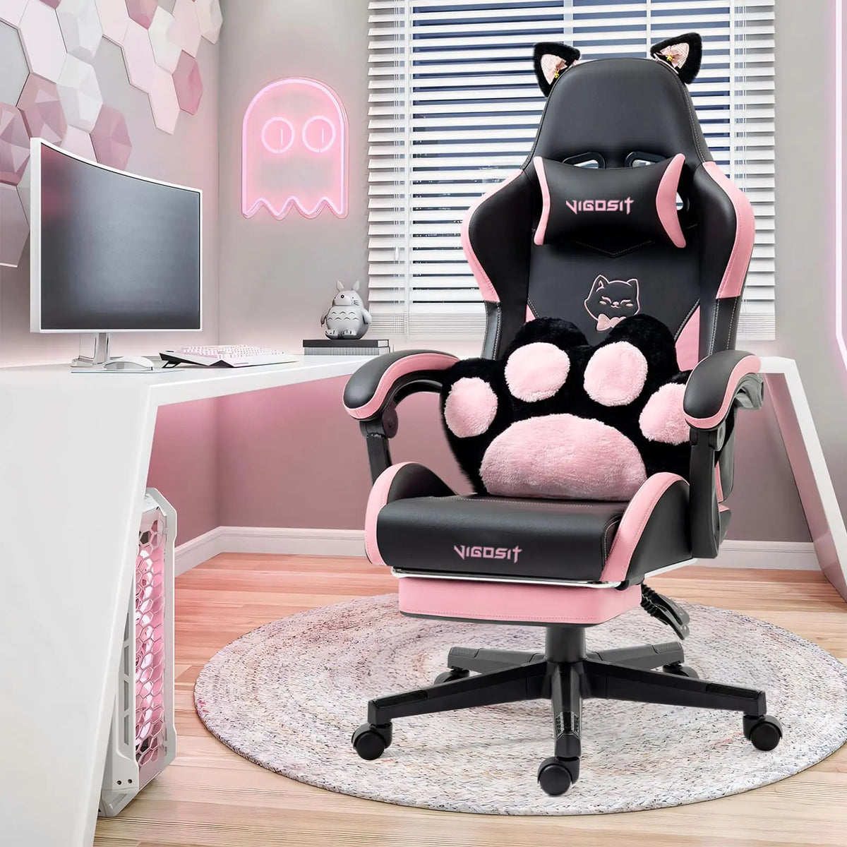 Cat-Ear Ergonomic Gaming Chair with paw lumbar cushion